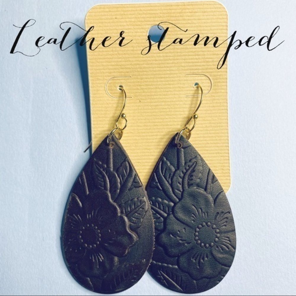 Handmade stamped‎ leather drop style earrings 14k plated